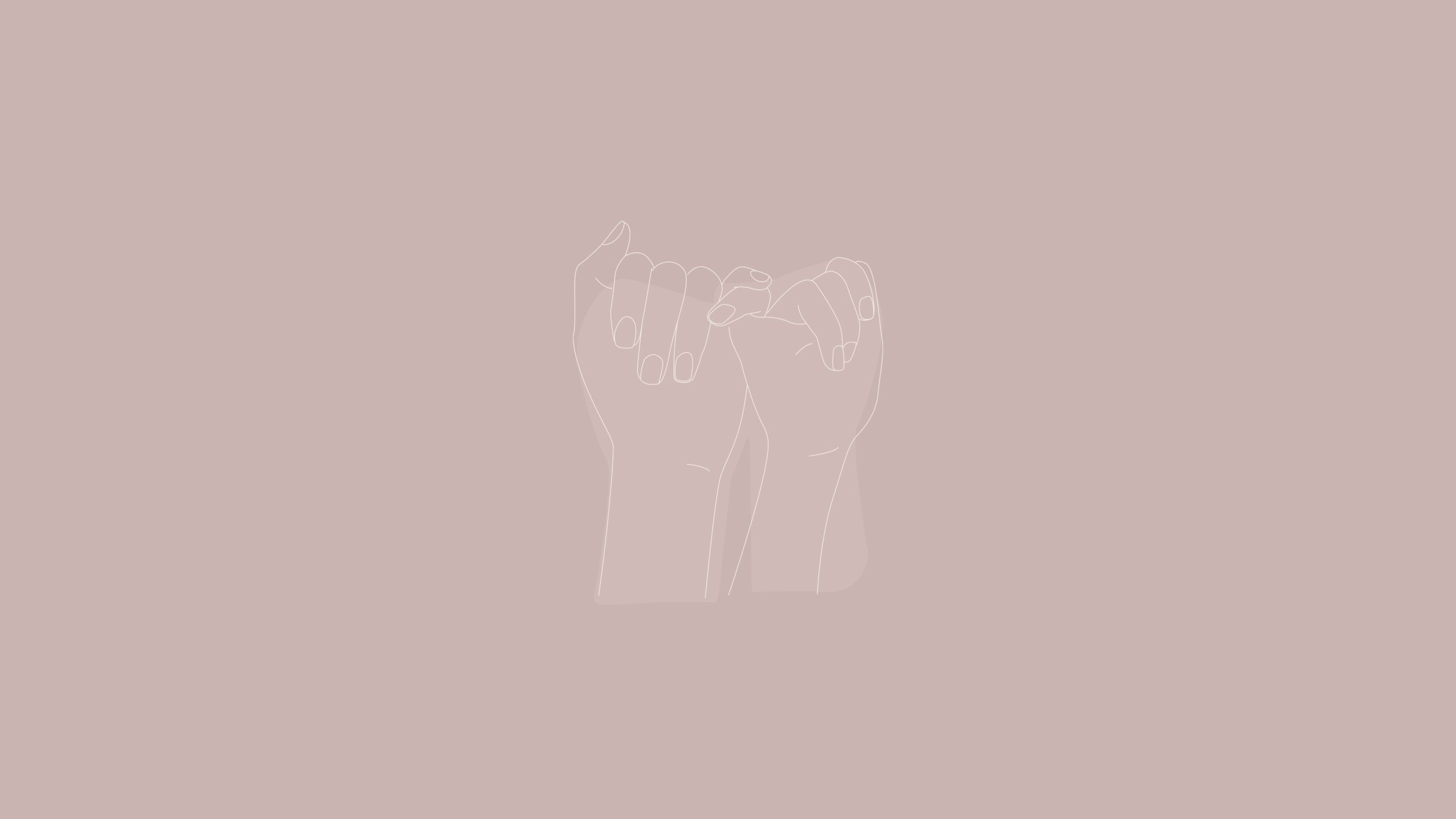 Eine linear-Zeichnung eines Fingerschwurs. Zwei Hände reichen sich den kleinen Finger und halte zusammen. Weiße Linien auf autrosa Grund.